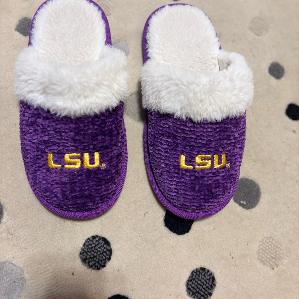 Purple LSU Slippers with White Fur
